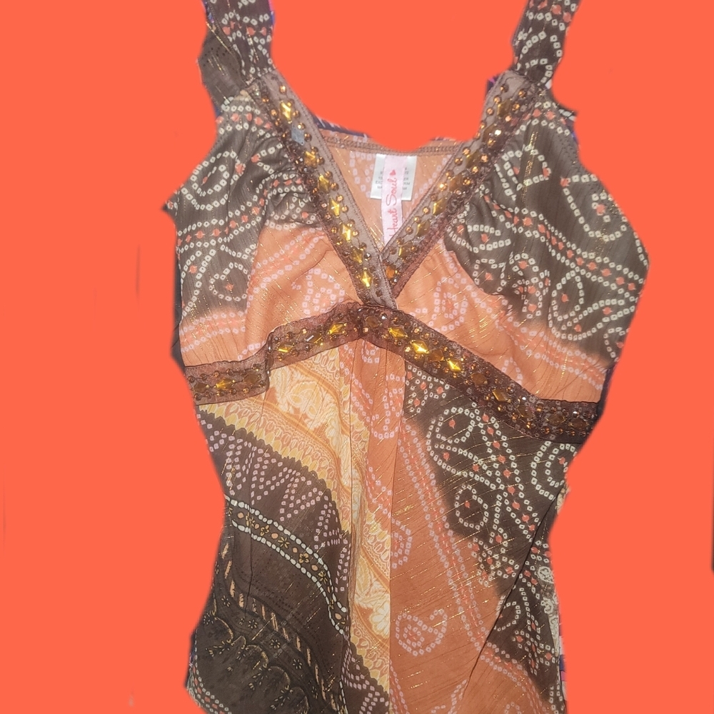 Heart Soul Black and Tan Asymmetrical Embellished Tank Top